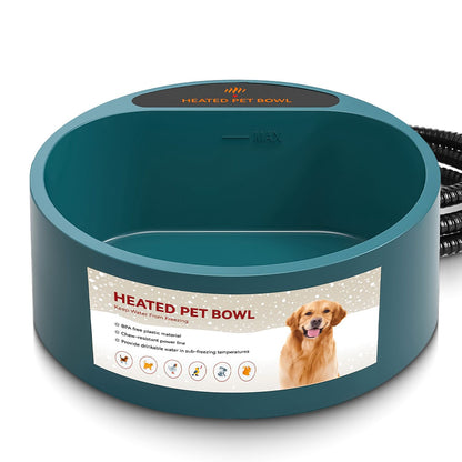 Close-up of army green heated pet bowl showing MAX fill line, exterior label and coiled power cord