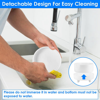 Person hand-washing removable ceramic bowl at sink with inset showing bowl detached from base