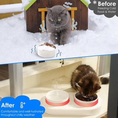 Split scene showing a cat with frozen food outdoors and warm heated bowl indoors for comfortable hydration