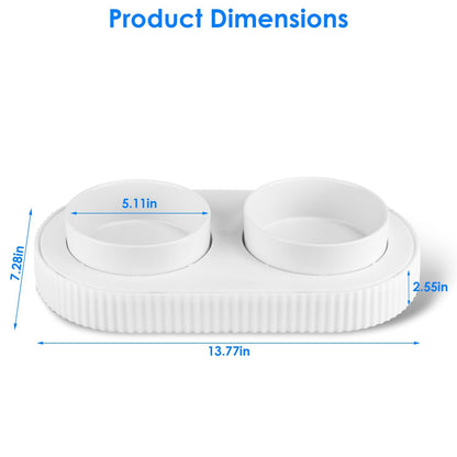 Diagram of dual heated bowl dimensions 13.77 x 7.28 x 2.55 inches and 5.11 inch bowl diameter