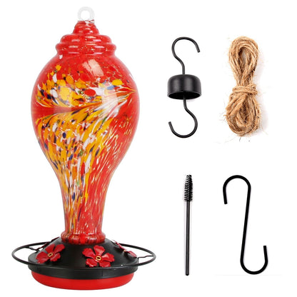 Red hand-blown glass hummingbird feeder with black base and five flower feeding ports plus hanging accessories