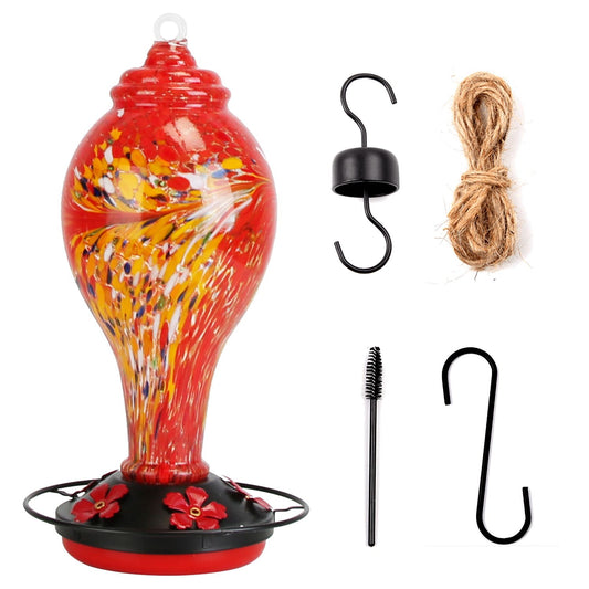 Red hand-blown glass hummingbird feeder with black base and five flower feeding ports plus hanging accessories