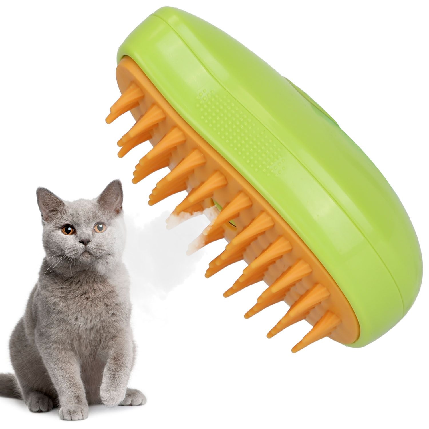 Green oval steam grooming brush with orange soft comb teeth shown above a gray cat