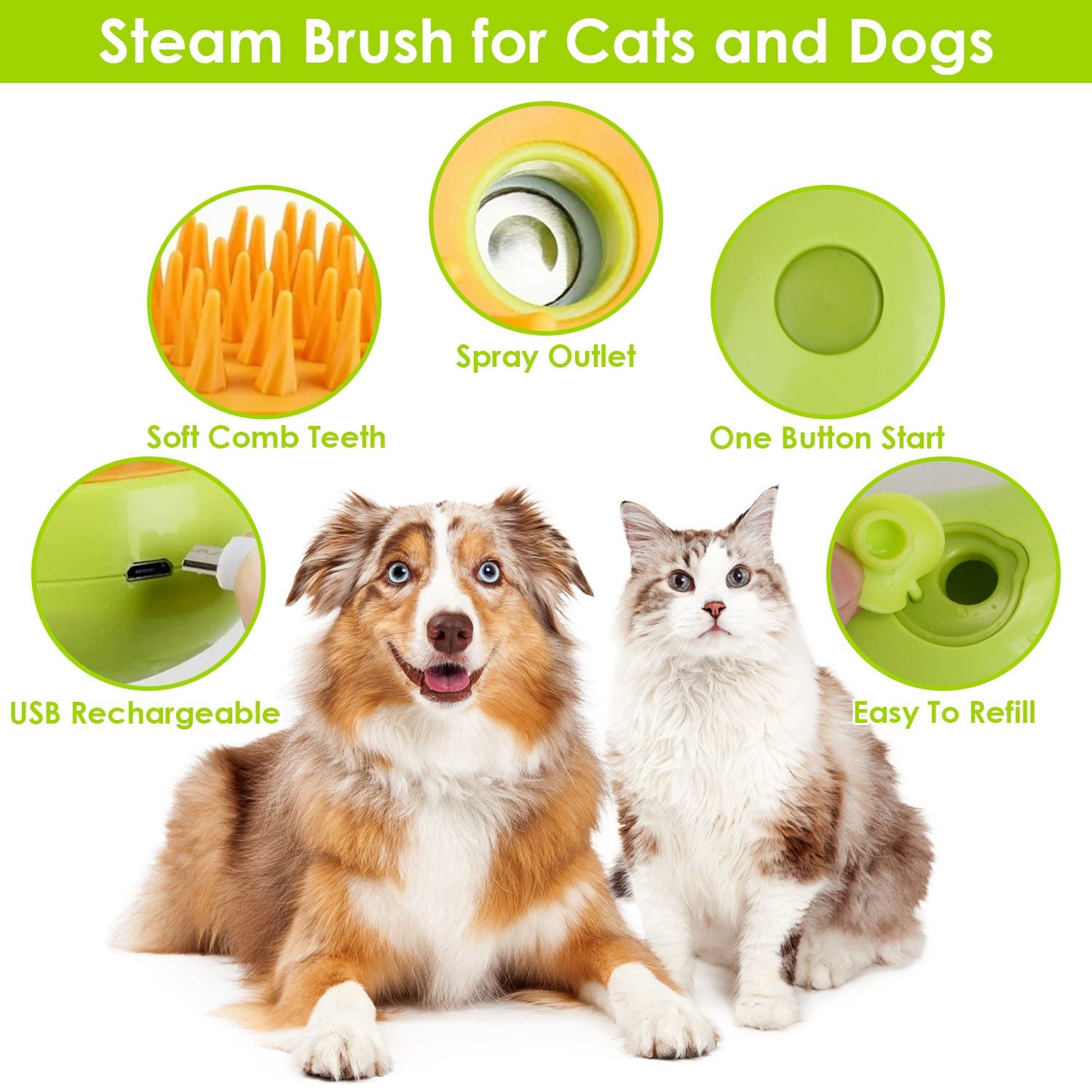 Collage of brush features: soft teeth, spray outlet, one-button start, USB port, and refill hole