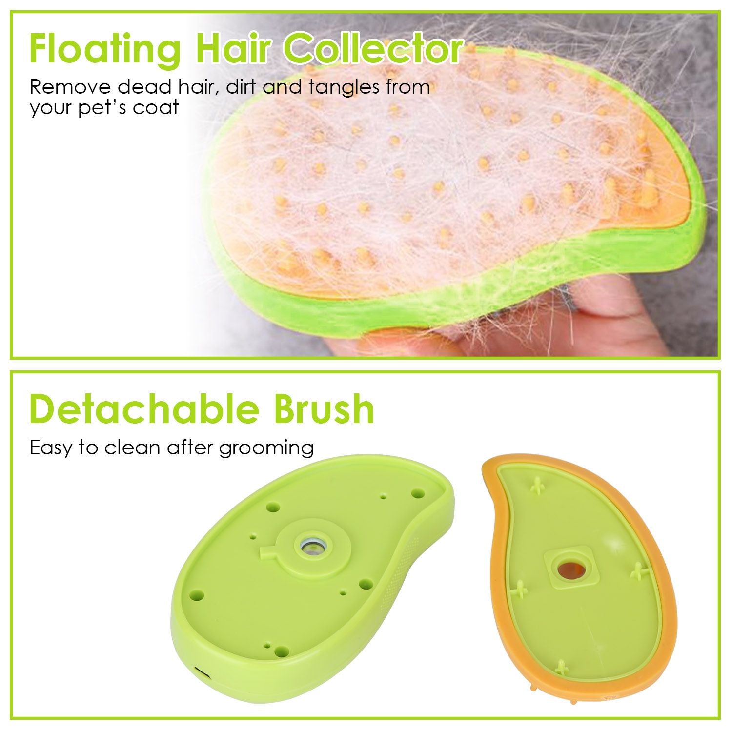 Detachable orange comb plate filled with collected pet hair and green brush base