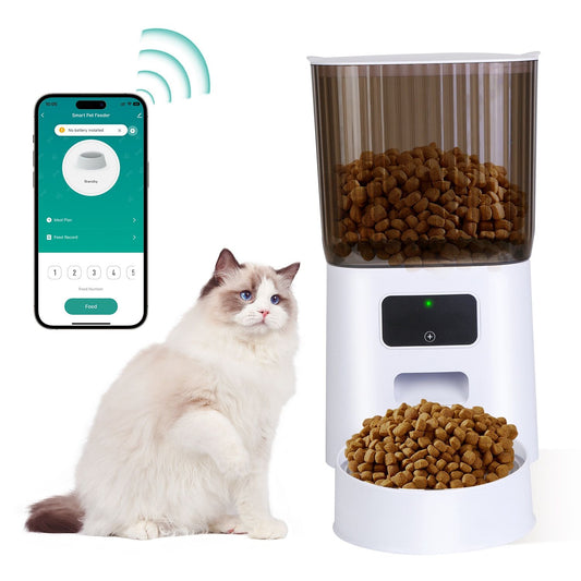 5L automatic pet feeder with translucent hopper, touch panel, removable stainless bowl and app on phone