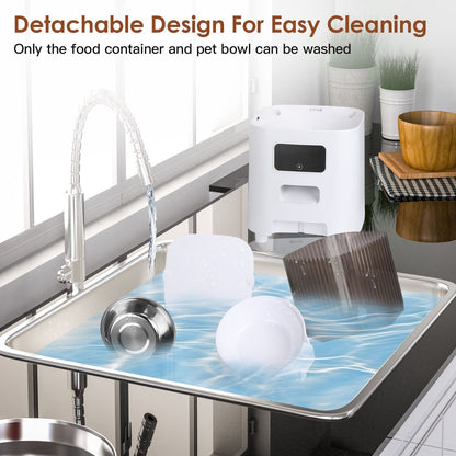 Removable hopper, lid and stainless bowl being cleaned in a sink to show detachable design for washing