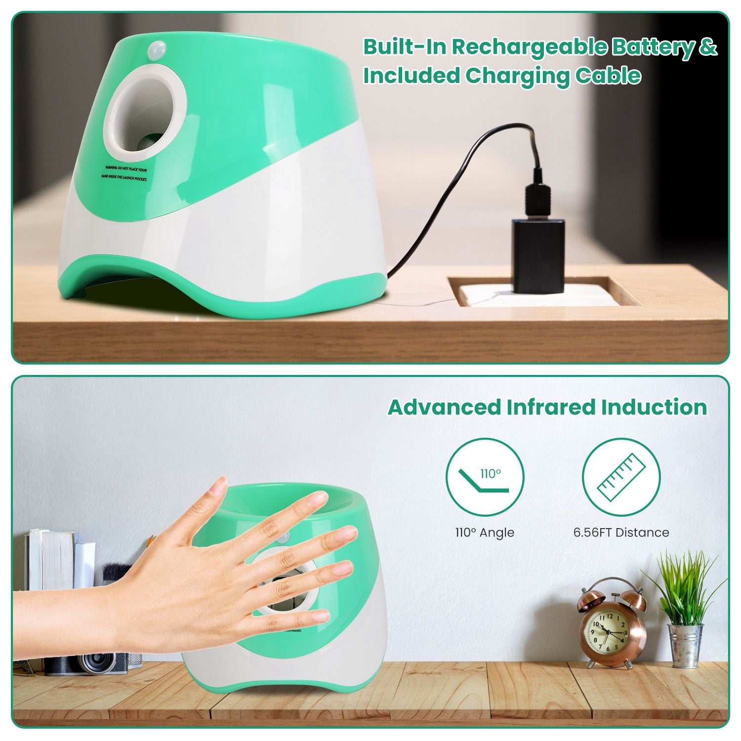 Automatic ball launcher plugged into USB Type-C charger with infrared induction graphics