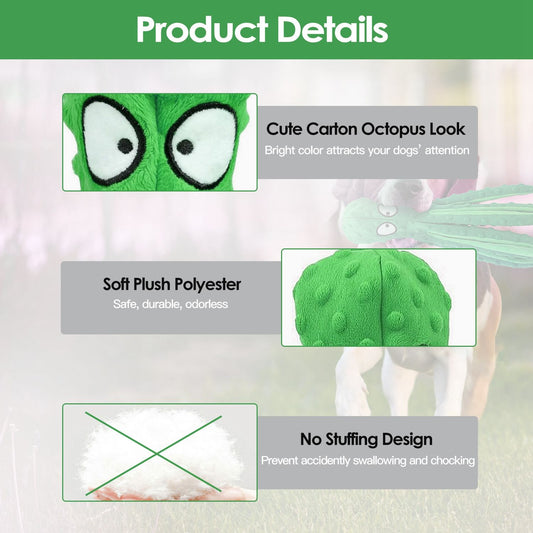 Product detail panels showing octopus eye close-up, plush texture and no-stuffing graphic with green header