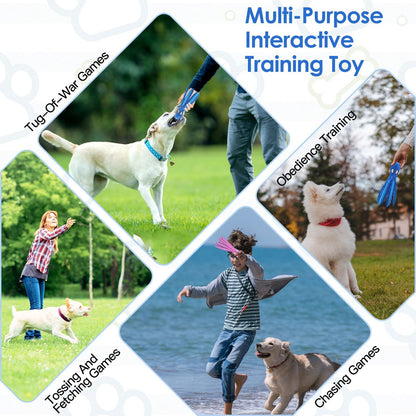 Collage of outdoor scenes with dogs and people playing with the blue octopus toy for tug, fetch and obedience training