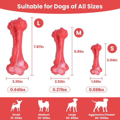 Size comparison graphic of three red bones with measurements and dog weight recommendations