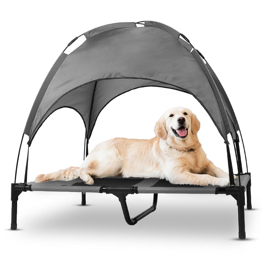 Grey elevated dog bed with removable canopy, mesh center and black steel legs