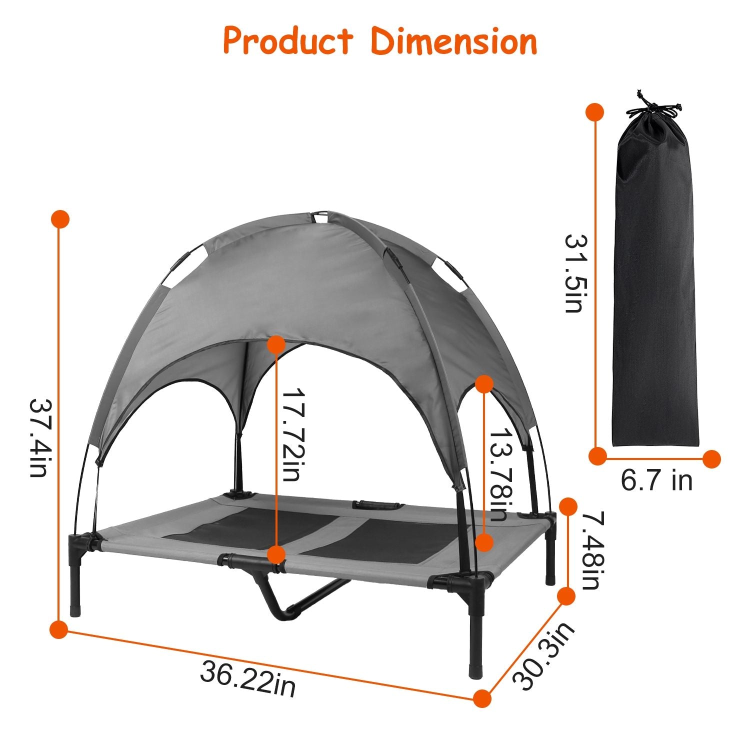 Product dimensions diagram showing assembled bed 36.22x30.3x37.4 inches and storage bag size