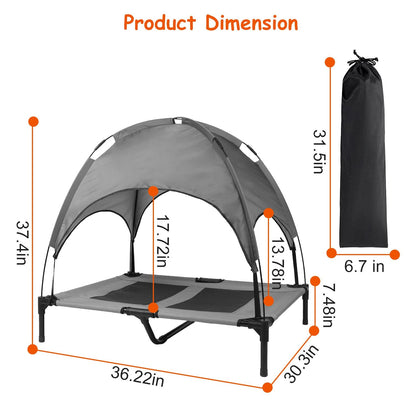Product dimensions diagram showing assembled bed 36.22x30.3x37.4 inches and storage bag size