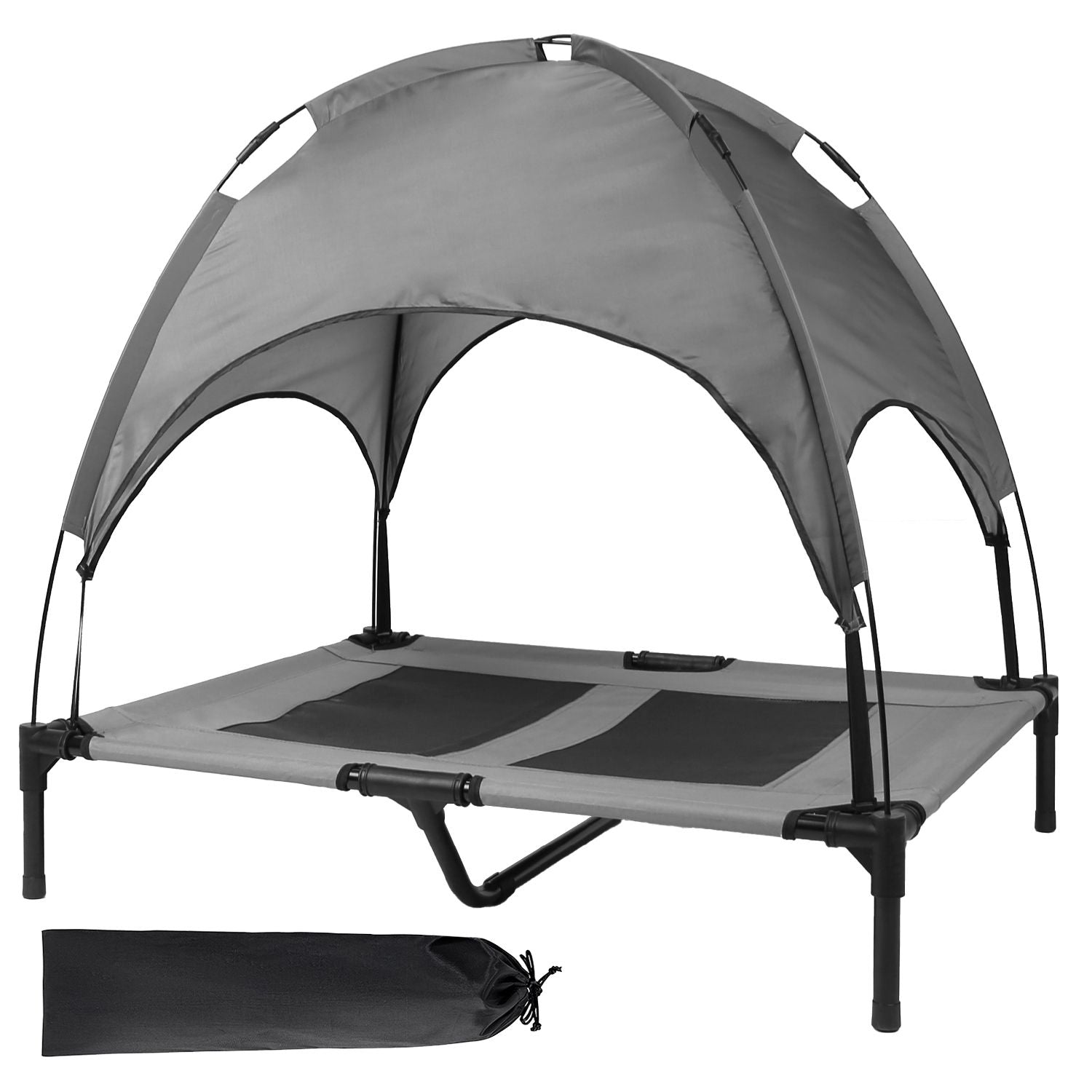 Studio image of grey elevated dog bed with removable canopy and storage bag on white background