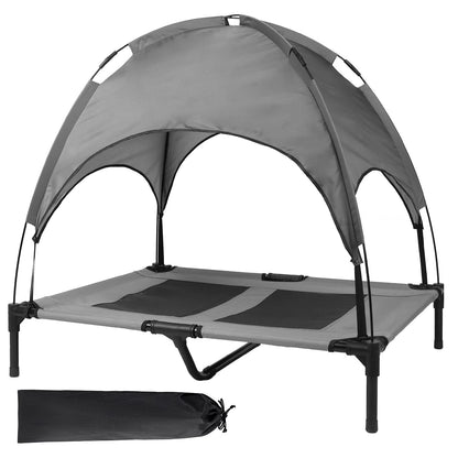 Studio image of grey elevated dog bed with removable canopy and storage bag on white background