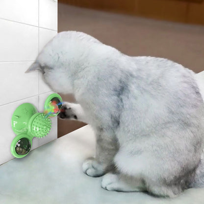 cat pawing wall-mounted green windmill toy with open transparent bin