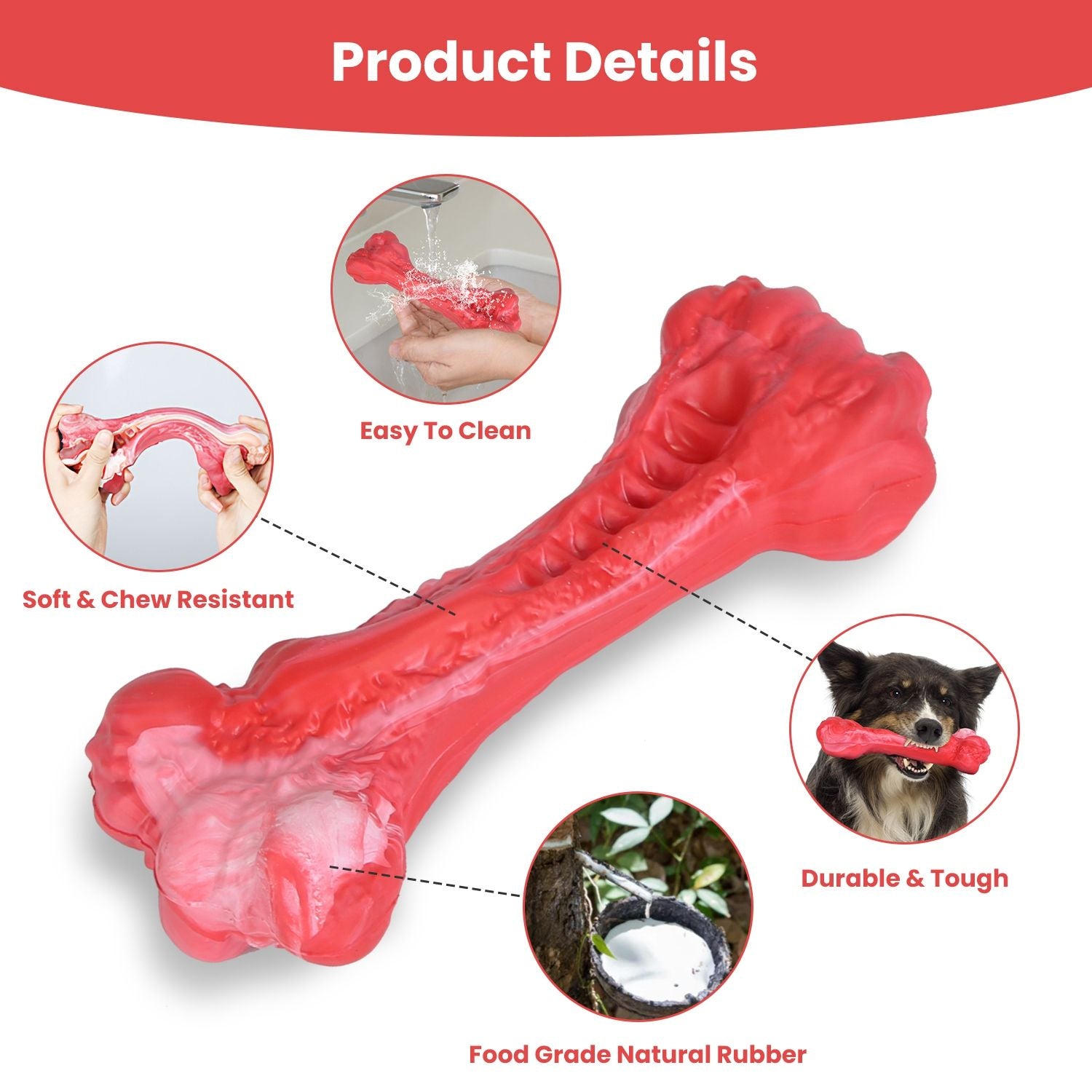 Studio detail layout of red chew bone with callouts for cleaning and material features