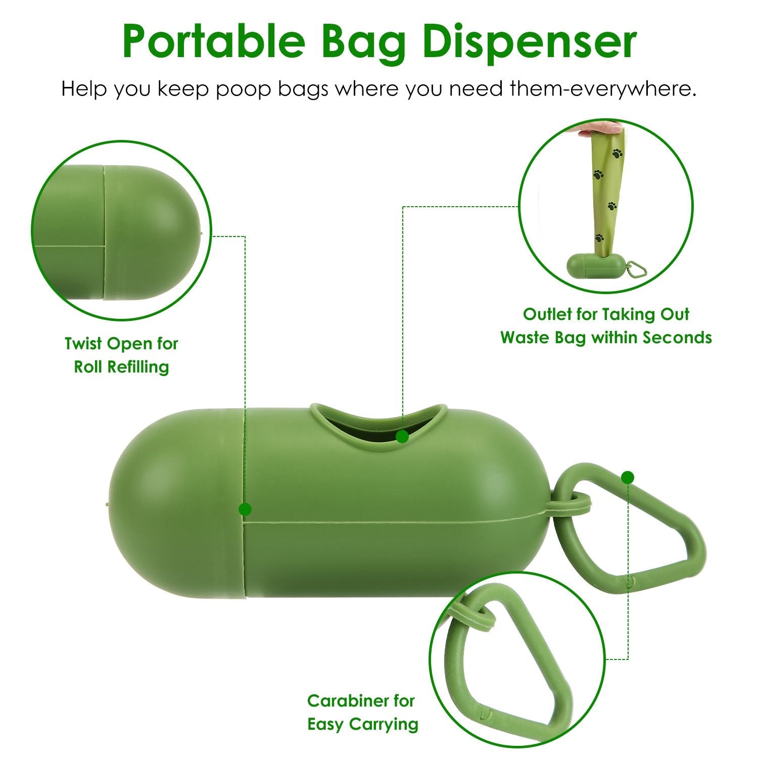 Green portable poop bag dispenser with twist cap, dispensing slot and carabiner for attachment