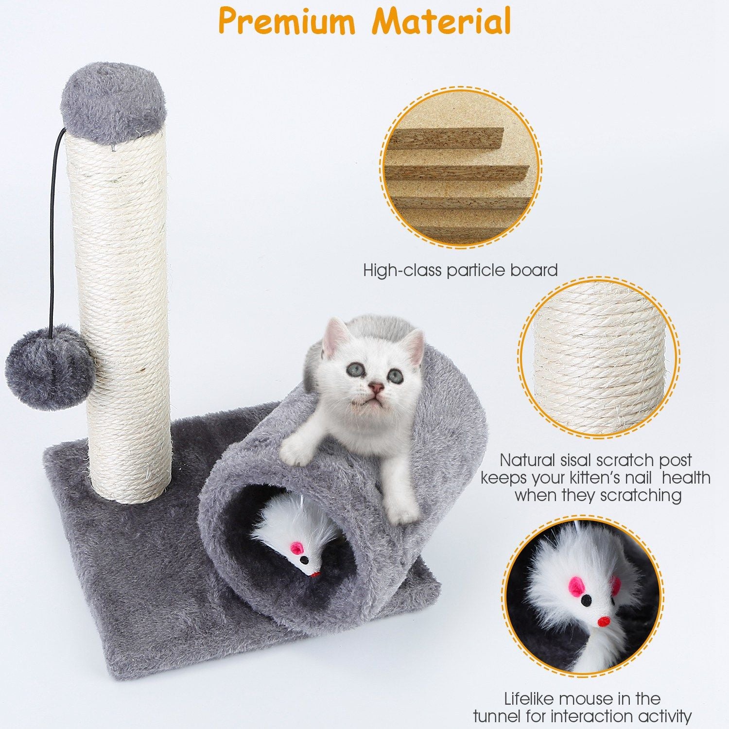 Close-up of plush base, natural sisal scratch post and lifelike mouse inside plush tunnel