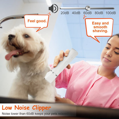 Person using the low-noise pet clipper on a dog with noise-level graphic