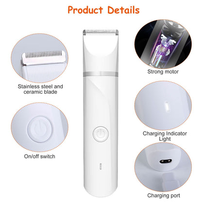 Product details layout showing blade materials, motor, power button, charging light and port