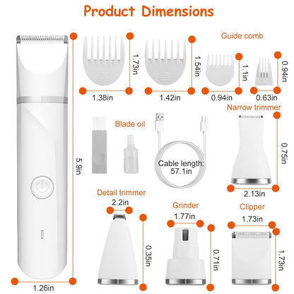 Dimension diagram with measurements for trimmer body, heads, guide combs and cable length