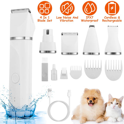 White cordless pet trimmer with four heads, guide combs, USB cable and accessories beside water splash