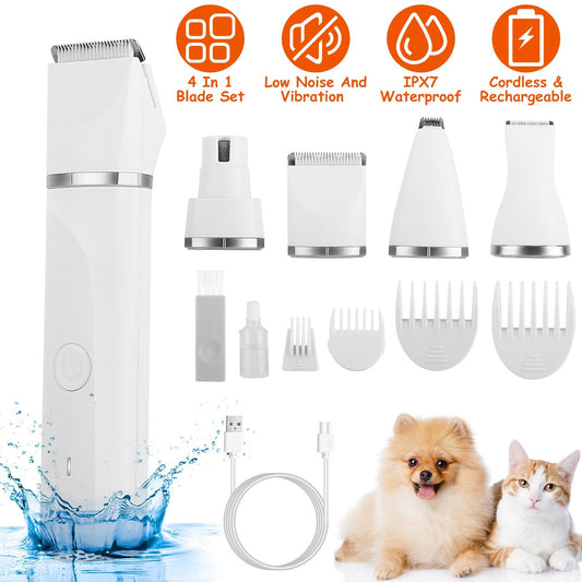 White cordless pet trimmer with four heads, guide combs, USB cable and accessories beside water splash