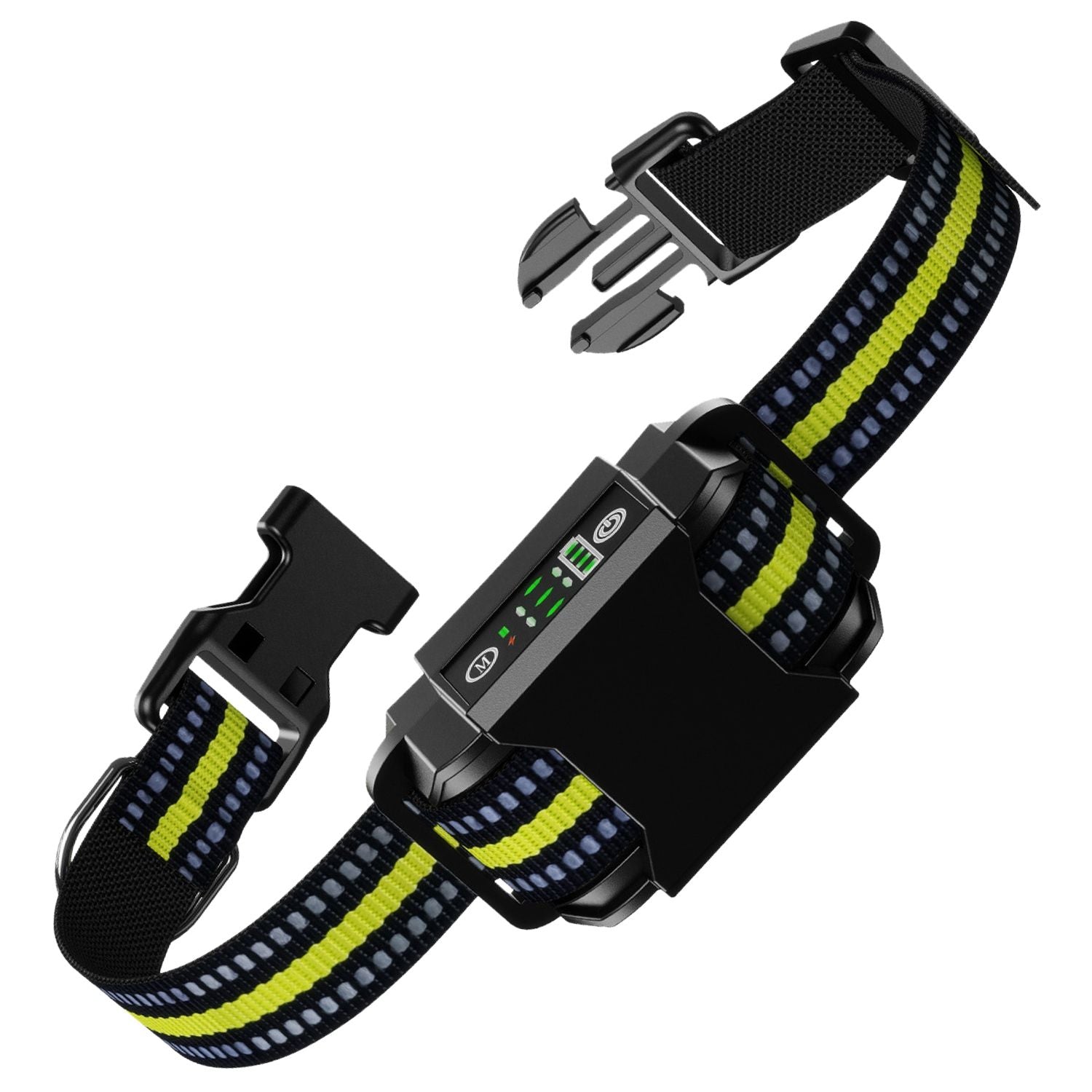 angled view of collar with quick-release buckle open showing strap routing and control module