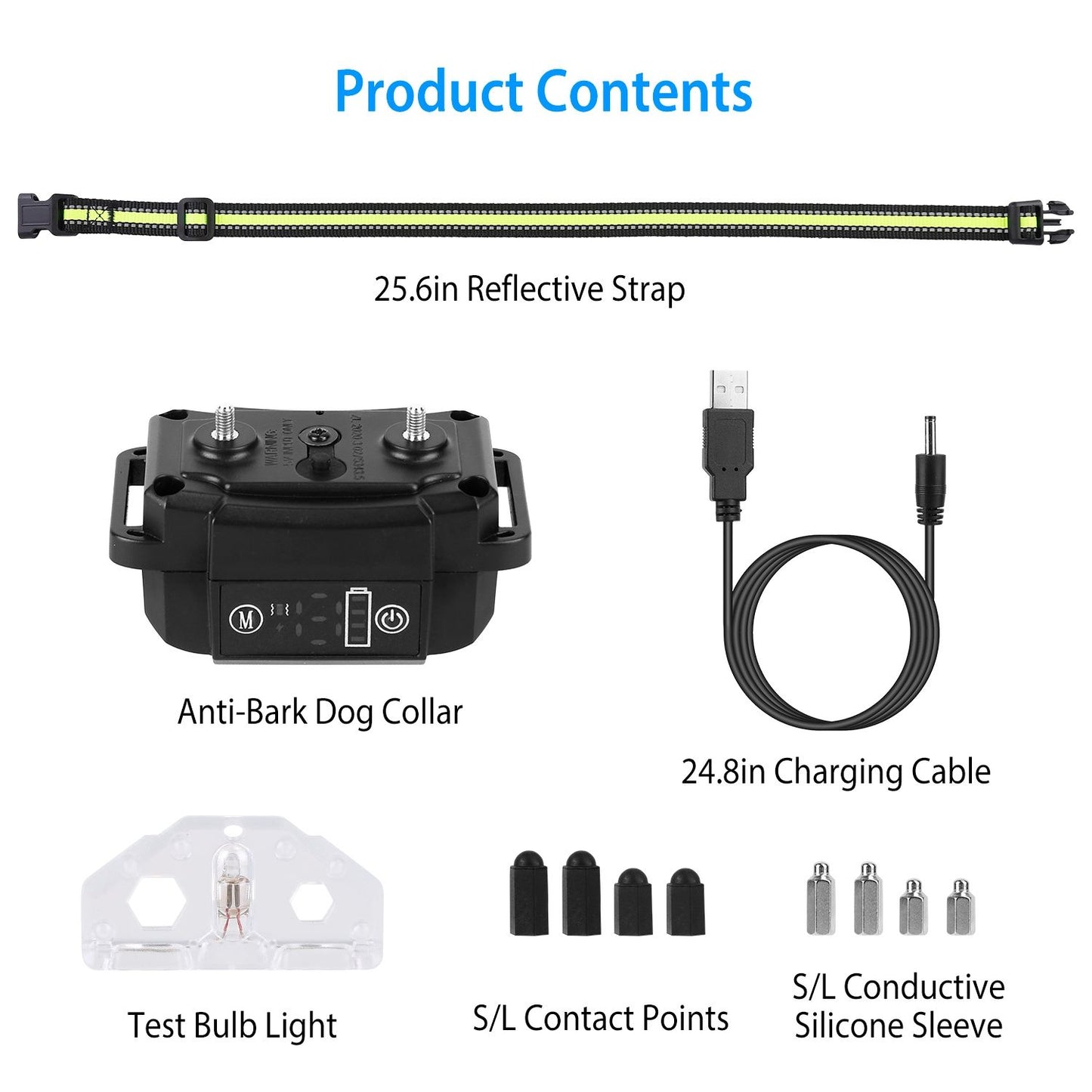 package contents laid out: strap, control box, USB cable, test bulb, contact points and silicone sleeves