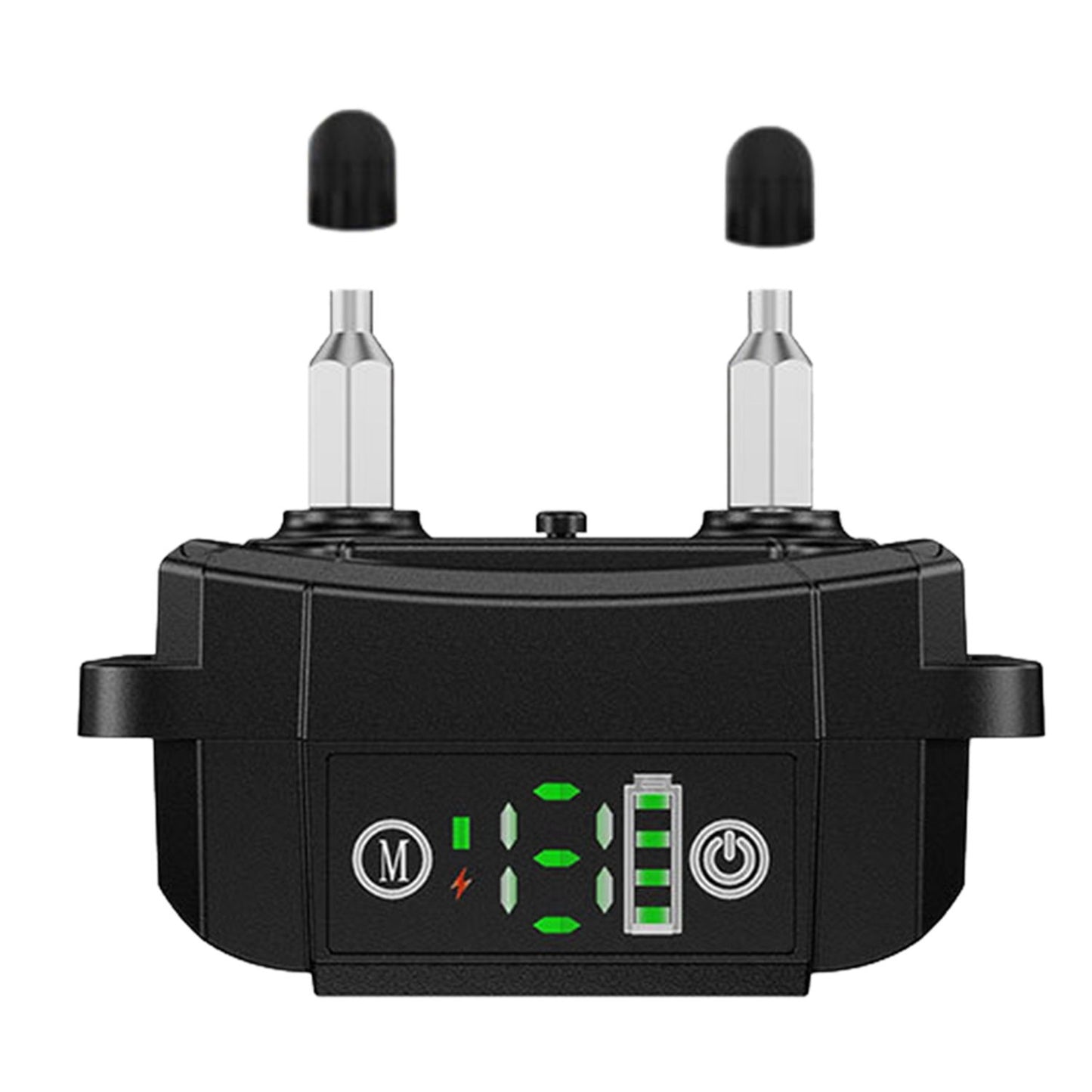 control box close-up with electrode studs, M and power buttons and battery level display