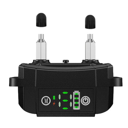 control box close-up with electrode studs, M and power buttons and battery level display