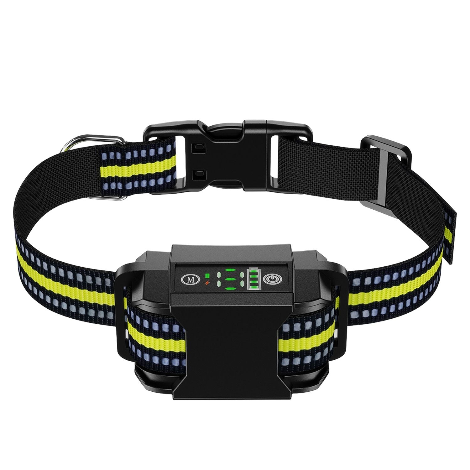 front view of anti-bark collar control box mounted on reflective nylon strap