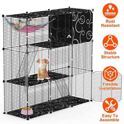 3-tier black iron wire cat cage with patterned platforms, pink hammock and hanging toy, assembly icons
