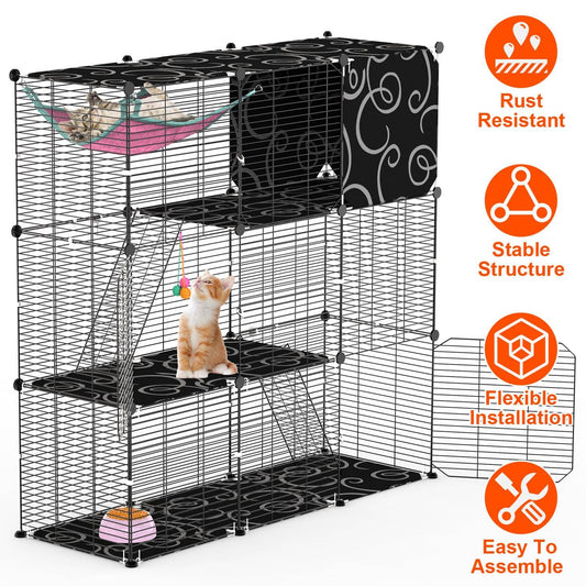 3-tier black iron wire cat cage with patterned platforms, pink hammock and hanging toy, assembly icons