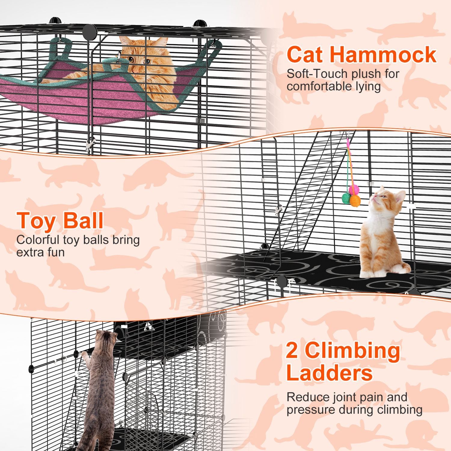 Close-up features: plush hammock, hanging toy ball and two climbing ladders attached to cage
