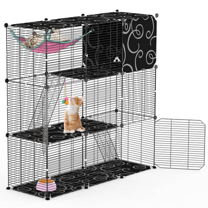 Angled view of assembled cage showing patterned platforms, ladders, top cubby and included hammock and toy