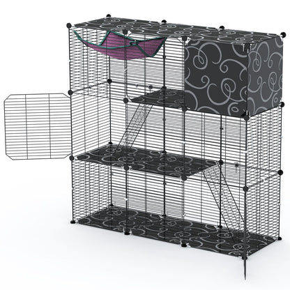 White-background side render of three-tier cage with patterned mats and an open side gate
