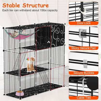 Stability details with door lock, secure pads, buckles and cable ties highlighted on the cage