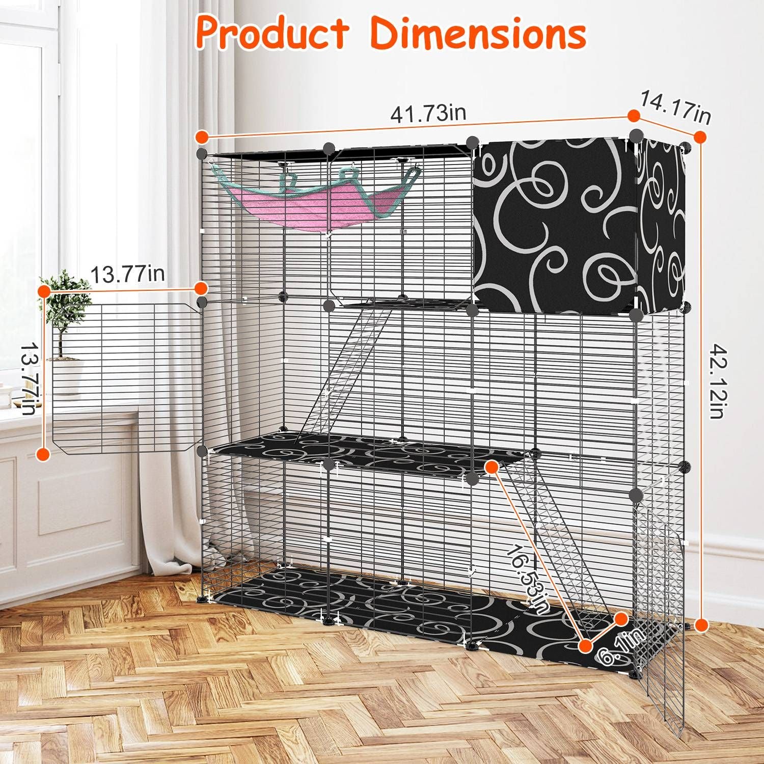 Dimension diagram with assembled size 41.73×14.17×42.12 in and panel measurements annotated