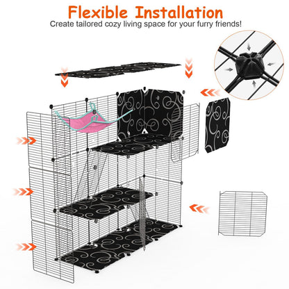 Exploded view of modular panels and connectors showing customizable cage assembly