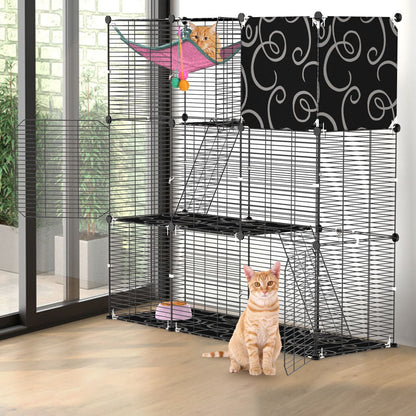 Freestanding 3-tier cat cage near glass doors with hammock and open side gate, cat for scale