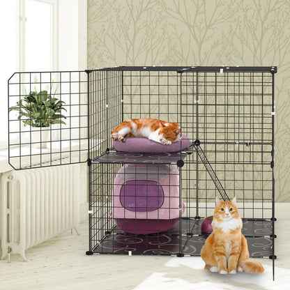 Assembled 2-tier black iron mesh cat cage with ladder, platforms and PVC floor panels
