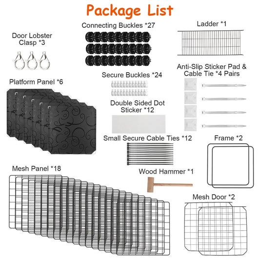 Package contents layout showing mesh panels, platform panels, frames, ladder, buckles, ties and wood hammer
