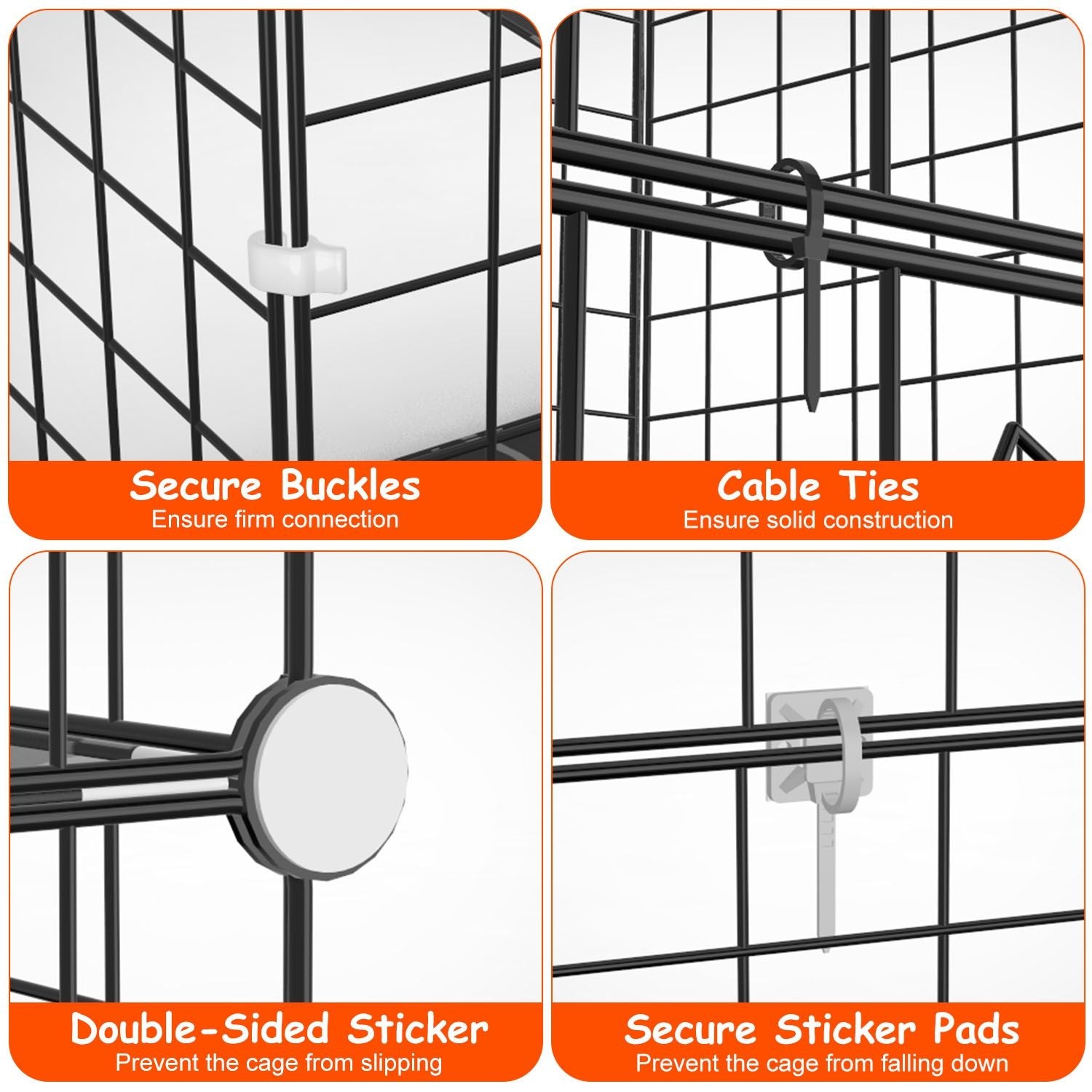 Close-ups of secure buckles, cable ties, double-sided dots and sticker pads on the cage