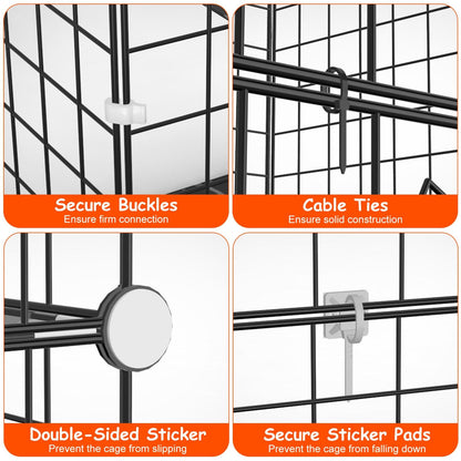 Close-ups of secure buckles, cable ties, double-sided dots and sticker pads on the cage