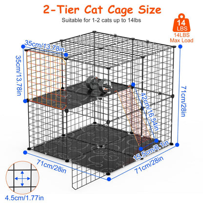 Dimensional diagram of 2-tier cat cage 28 x 28 x 28 in with grid spacing and 14 lb max load