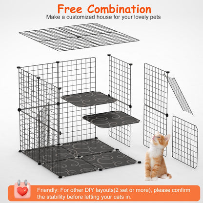 Exploded layout showing customizable 2-tier cat cage configuration with removable platforms and panels