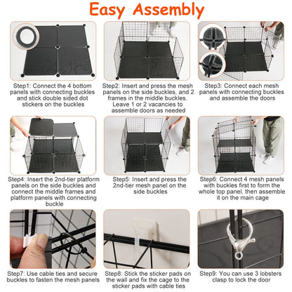 Step-by-step assembly images showing panels, connecting buckles, cable ties and sticker pads